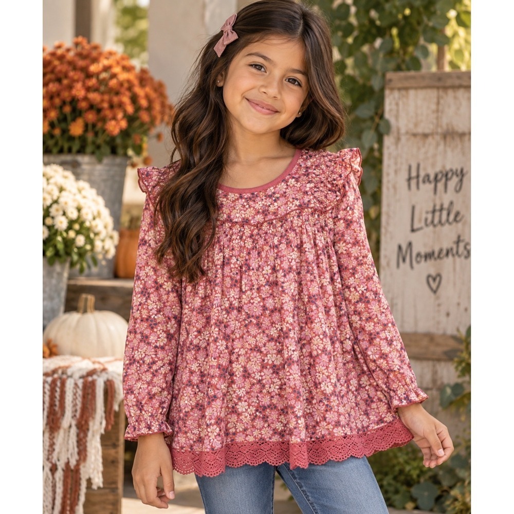 Matilda Jane Girls 10 Pink Floral Ruffle Lace Hem Tunic Top NWT Boutique